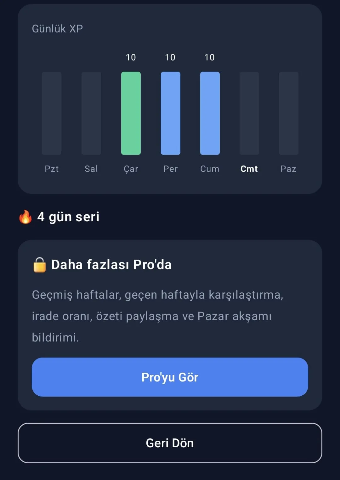Haftalık rapor ve Pro'da açılan ek bölüm