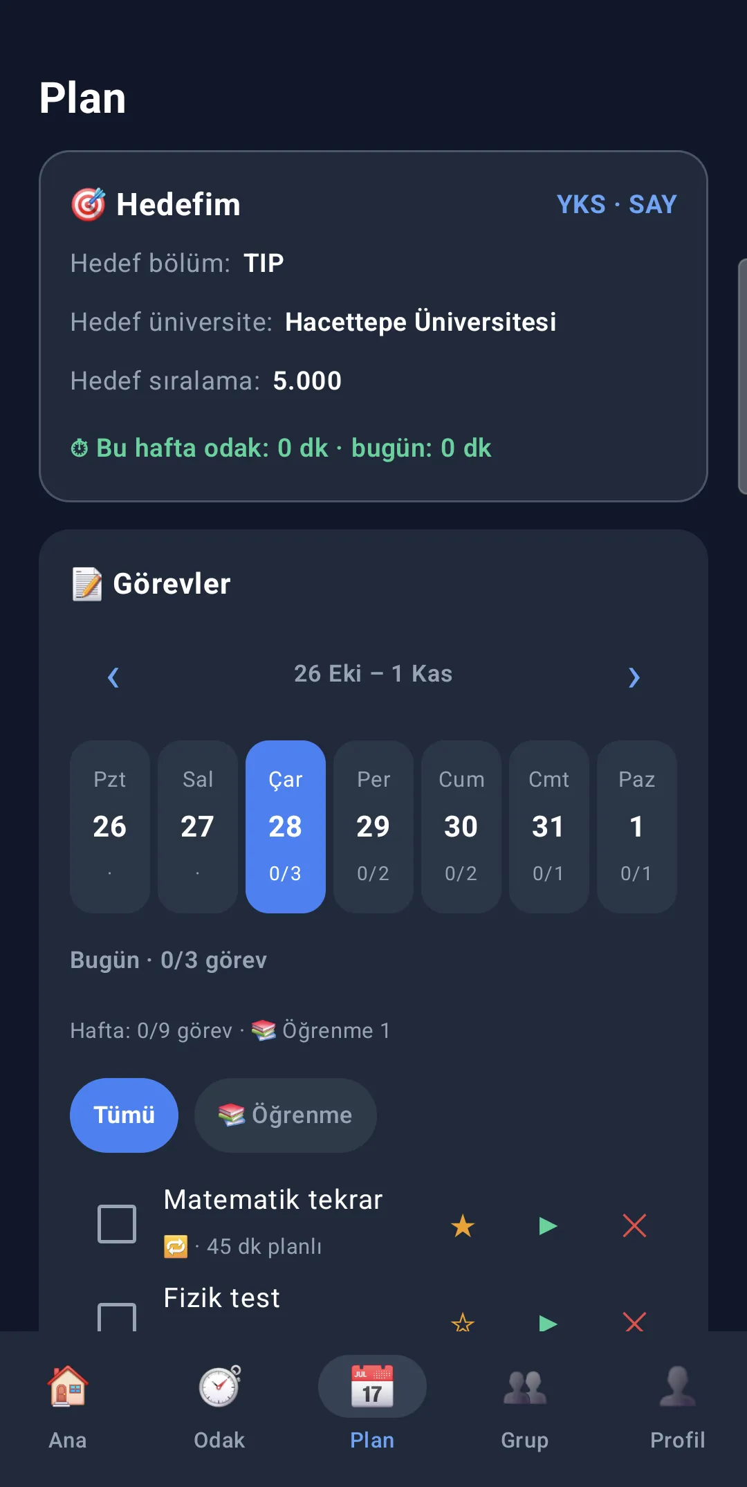 Plan ekranı: haftalık görevler