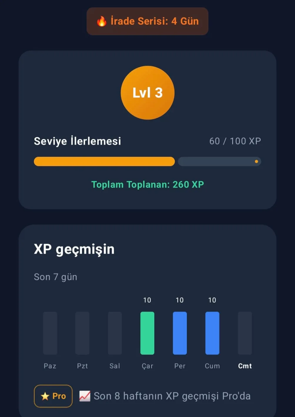 Seviye ilerlemesi ve XP geçmişi